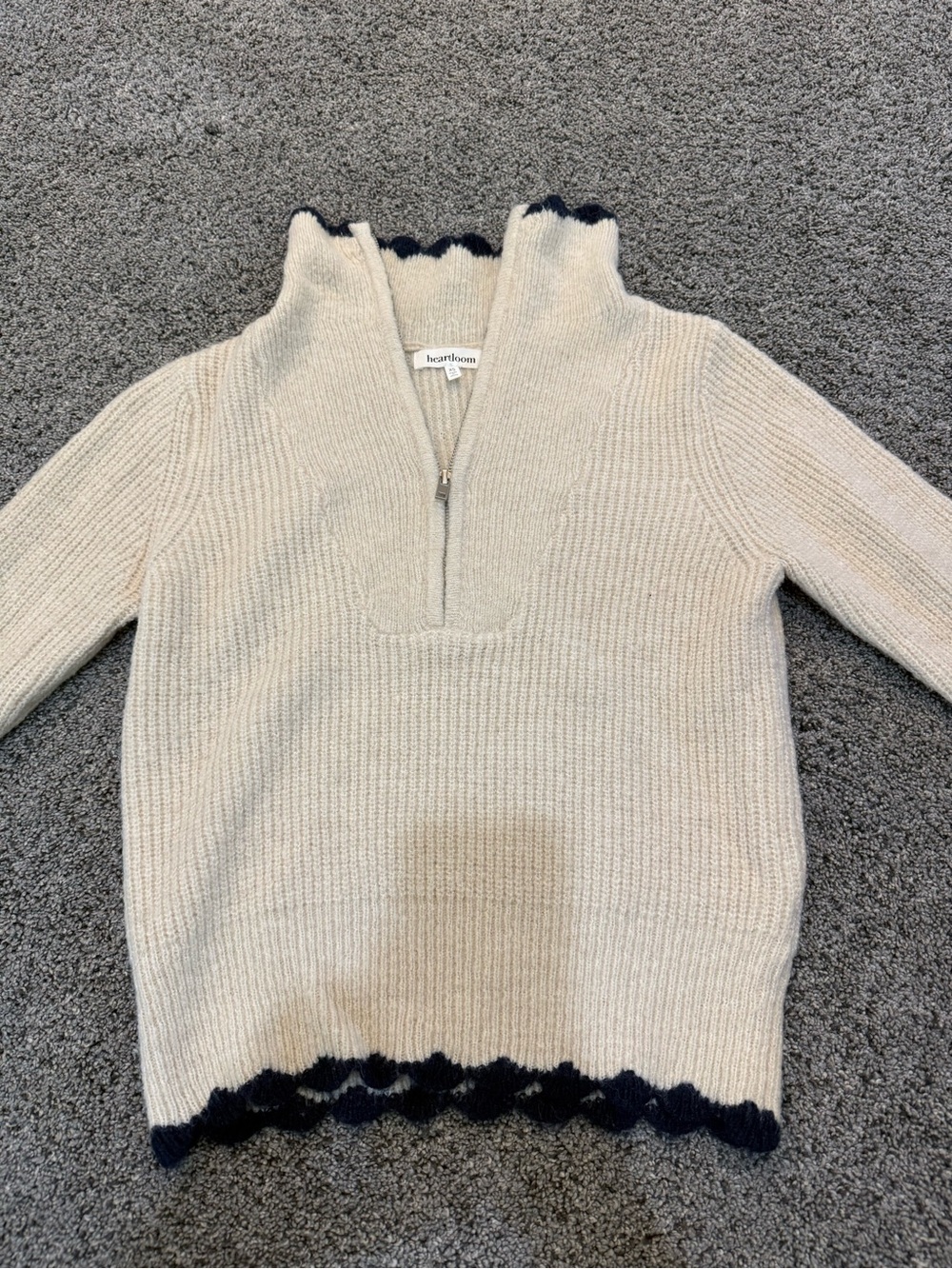 Heartloom Cream Half-Zip Sweater with Navy Scallop Trim
